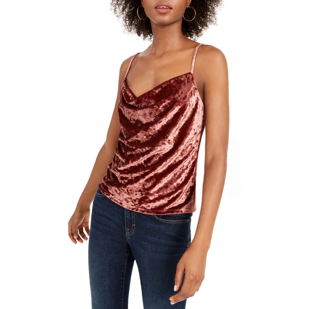 Leyden Velvet Cami Top‎ Cowl Neck Sleeveless Tank Blouse Burgundy Pink